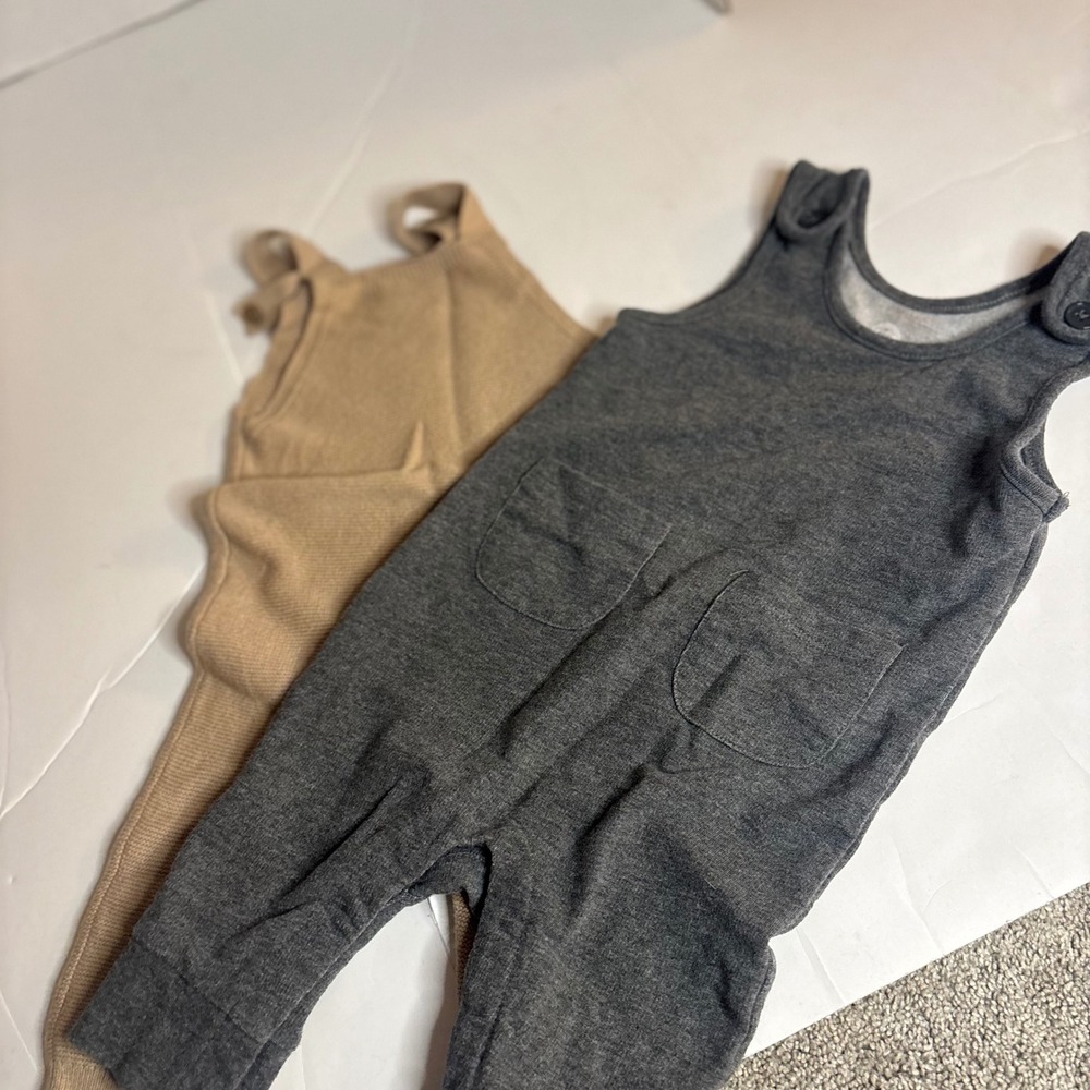 Baby Overalls Bundle Tan Knit Grey Jersey 12M 2pk Girl Boy Boho Beige Gift